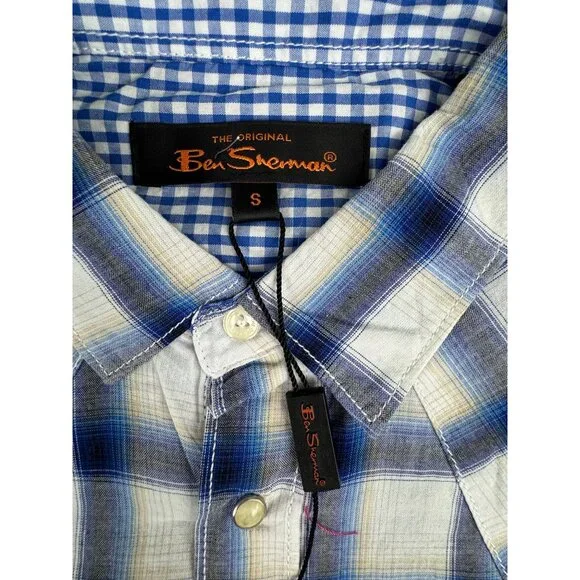 Ben Sherman Mens S Checkered Long Sleeve Shirt Western Cowboy Blue White NWT - Picture 2 of 14